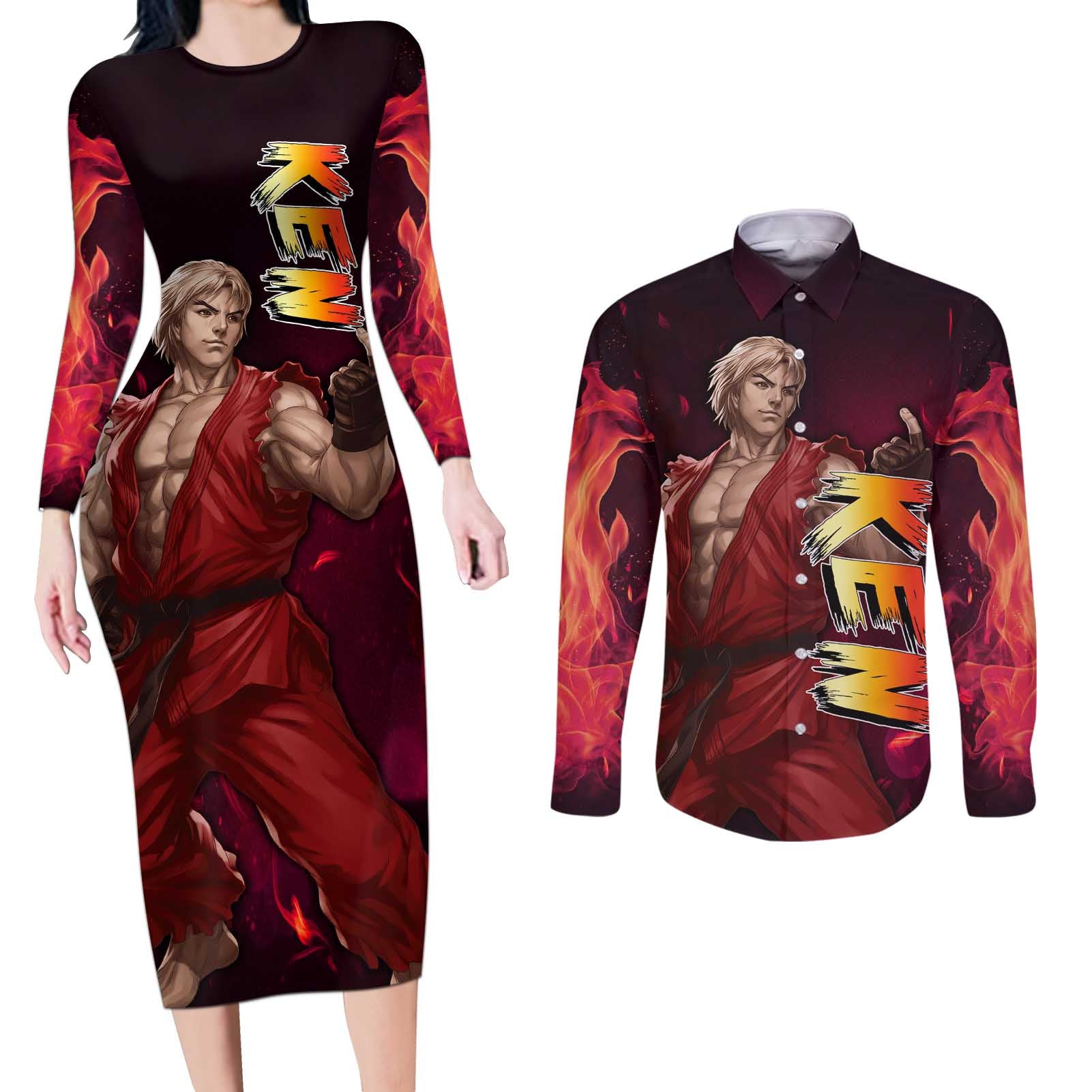 Ken - Street Fighter Couples Matching Long Sleeve Bodycon Dress and Long Sleeve Button Shirt Anime Style