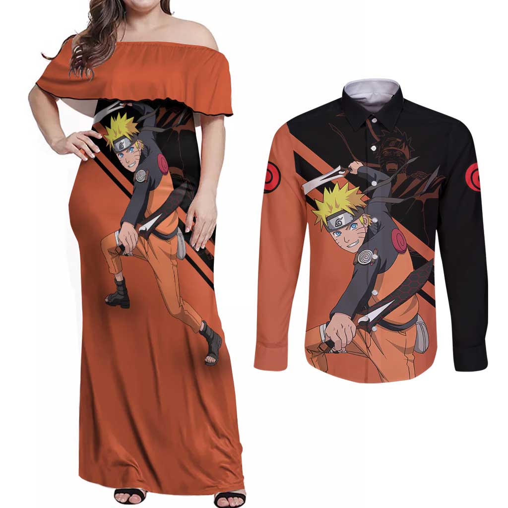 Uzumaki - Naruto Couples Matching Off Shoulder Maxi Dress and Long Sleeve Button Shirt Anime Style