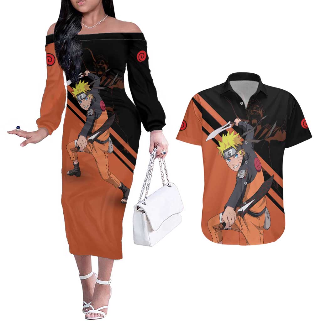 Uzumaki - Naruto Couples Matching Off The Shoulder Long Sleeve Dress and Hawaiian Shirt Anime Style