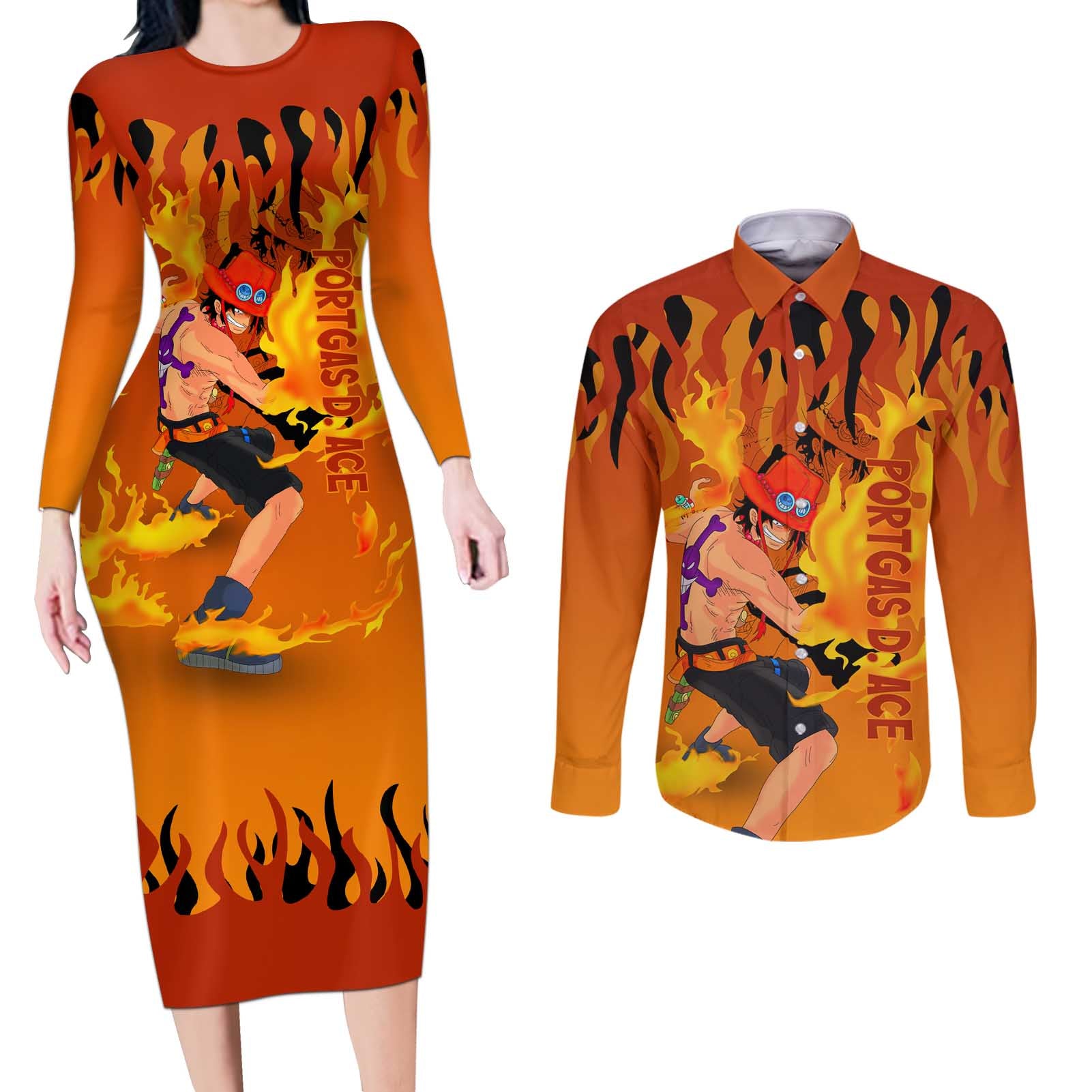 Portgas D. Ace - One Piece Couples Matching Long Sleeve Bodycon Dress and Long Sleeve Button Shirt Anime Style