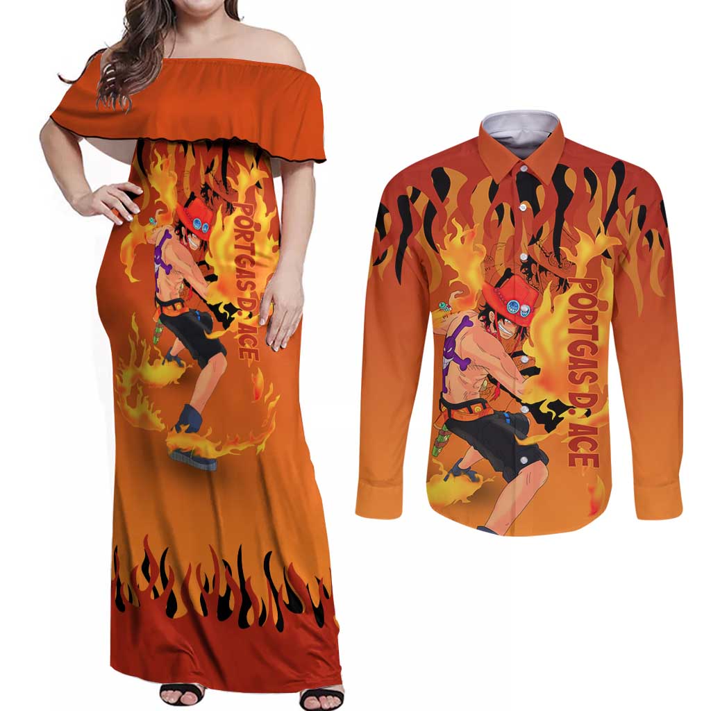 Portgas D. Ace - One Piece Couples Matching Off Shoulder Maxi Dress and Long Sleeve Button Shirt Anime Style