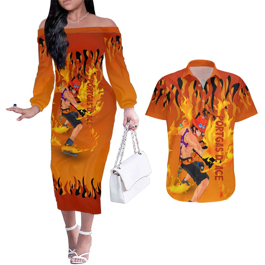 Portgas D. Ace - One Piece Couples Matching Off The Shoulder Long Sleeve Dress and Hawaiian Shirt Anime Style