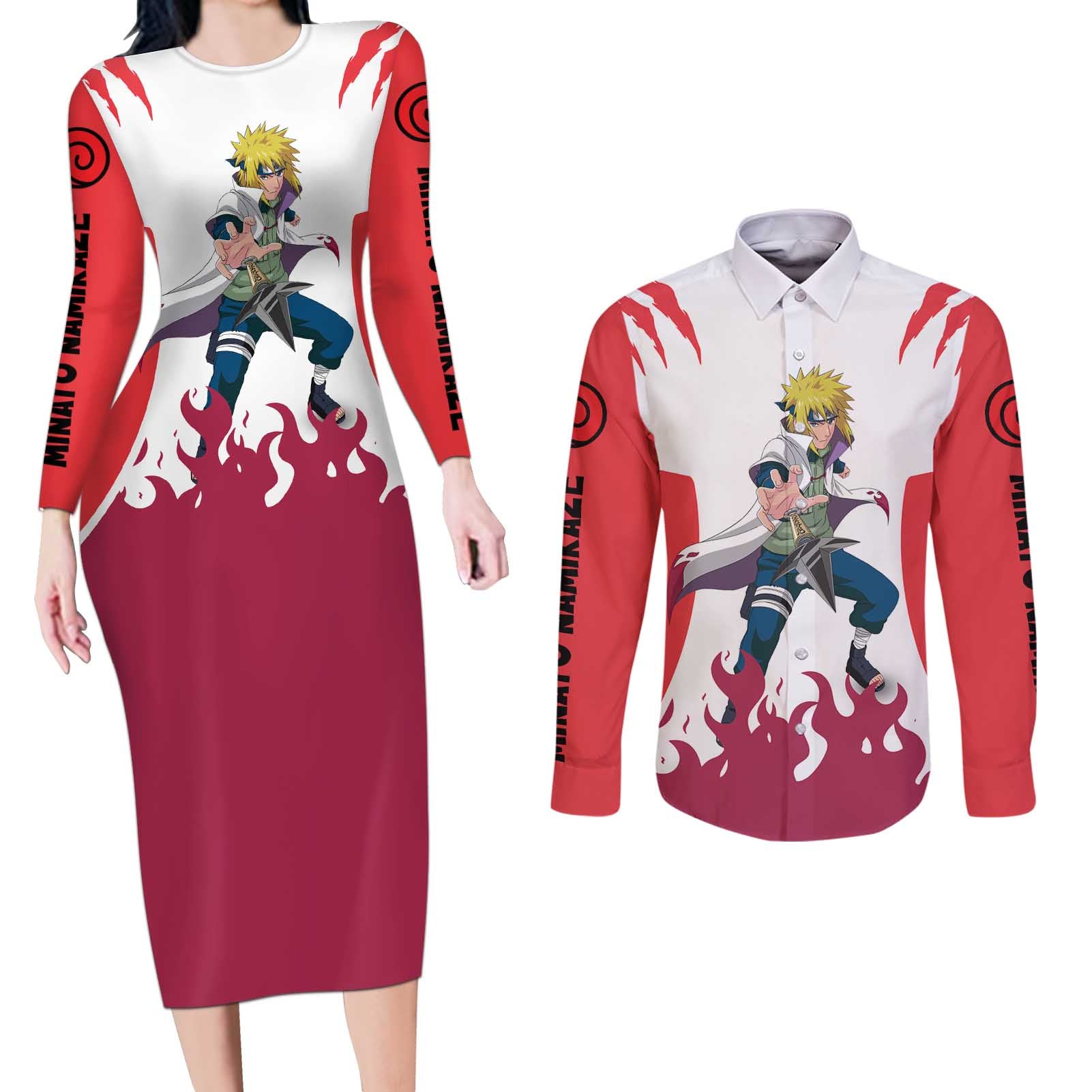 Minato Namikaze - Naruto Couples Matching Long Sleeve Bodycon Dress and Long Sleeve Button Shirt Anime Style