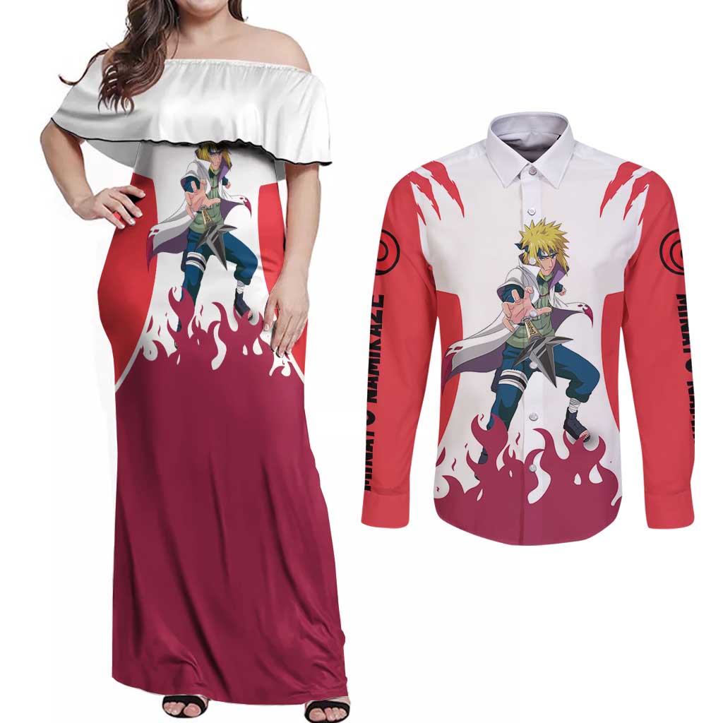 Minato Namikaze - Naruto Couples Matching Off Shoulder Maxi Dress and Long Sleeve Button Shirt Anime Style