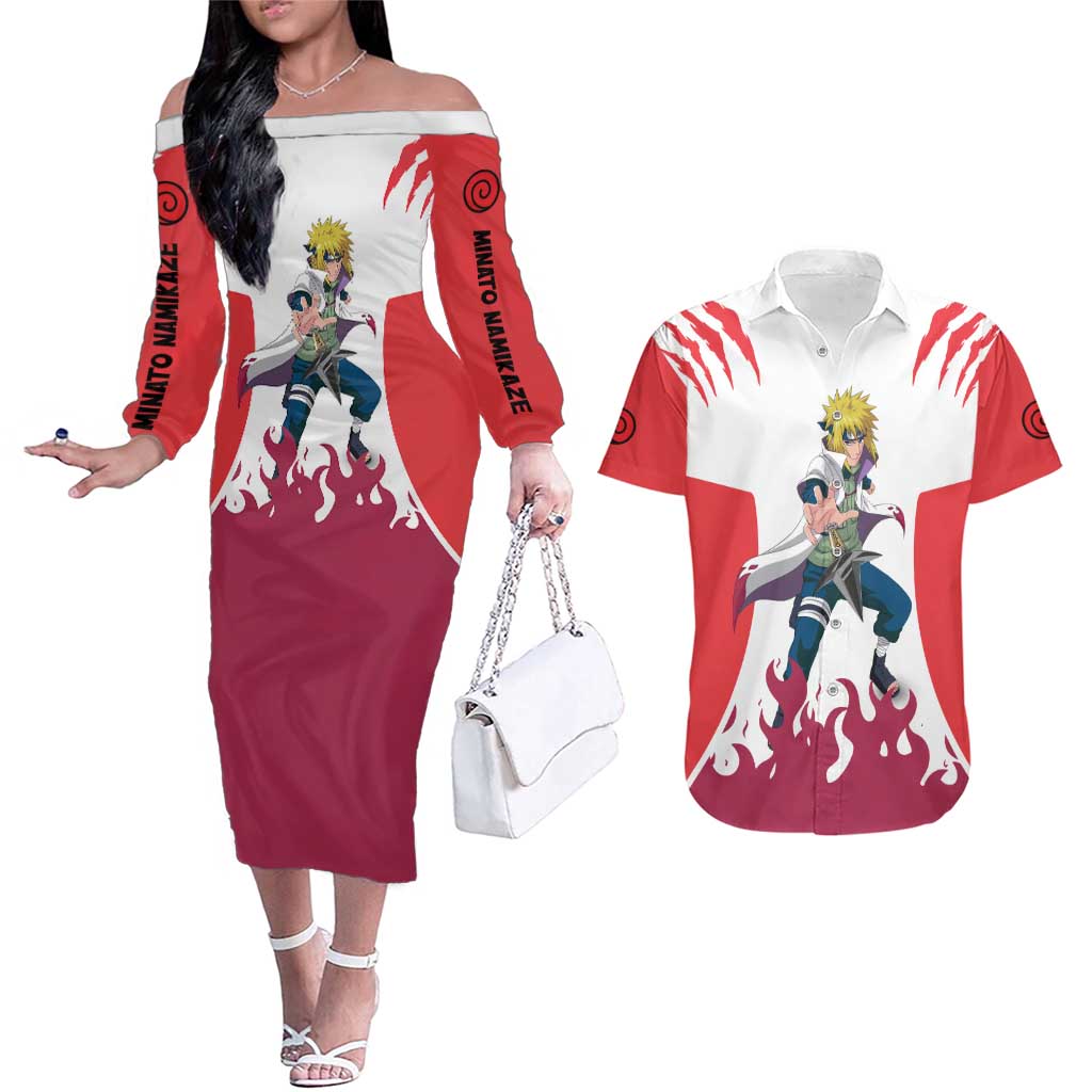 Minato Namikaze - Naruto Couples Matching Off The Shoulder Long Sleeve Dress and Hawaiian Shirt Anime Style