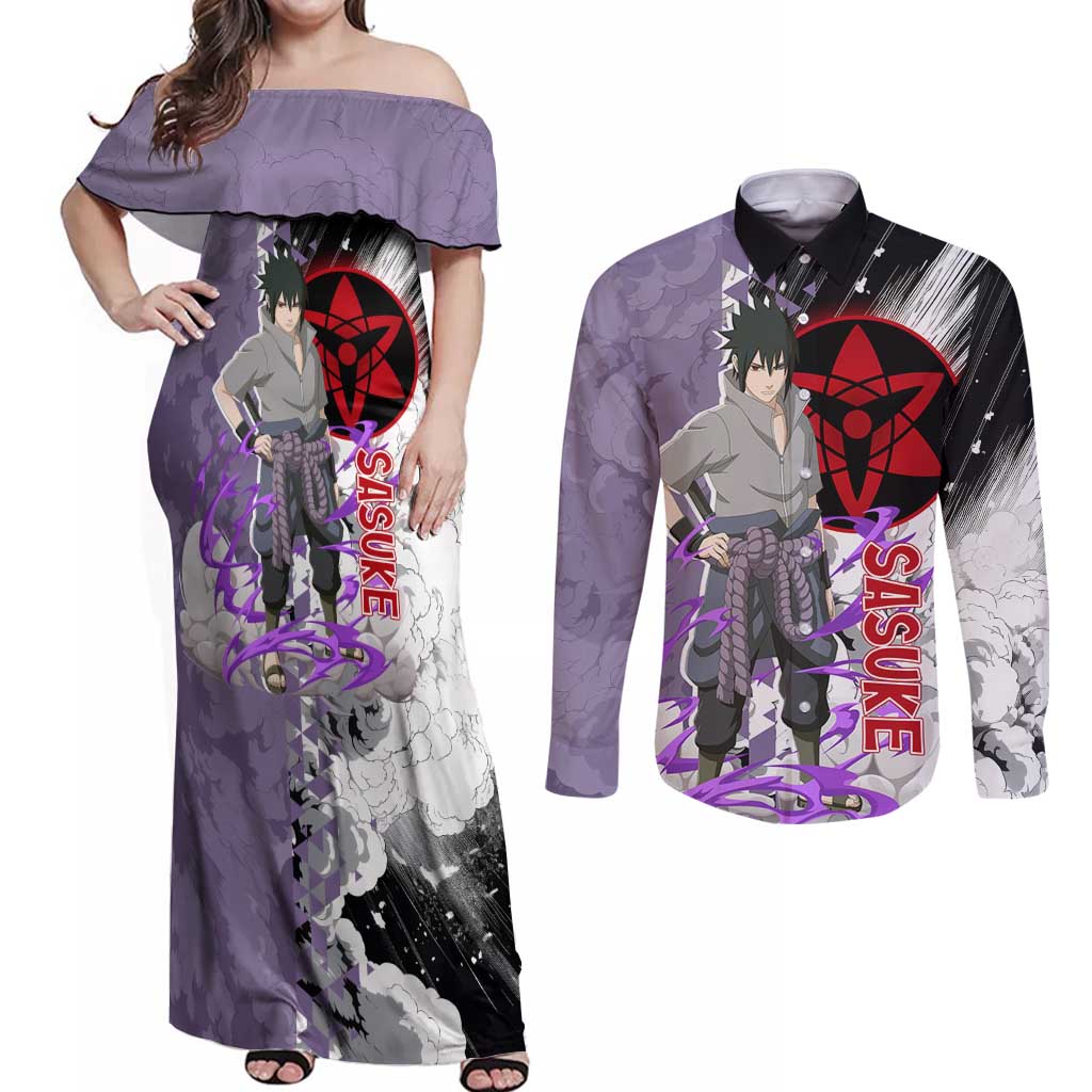 Uchiha Sasuke - Naruto Couples Matching Off Shoulder Maxi Dress and Long Sleeve Button Shirt Anime Style