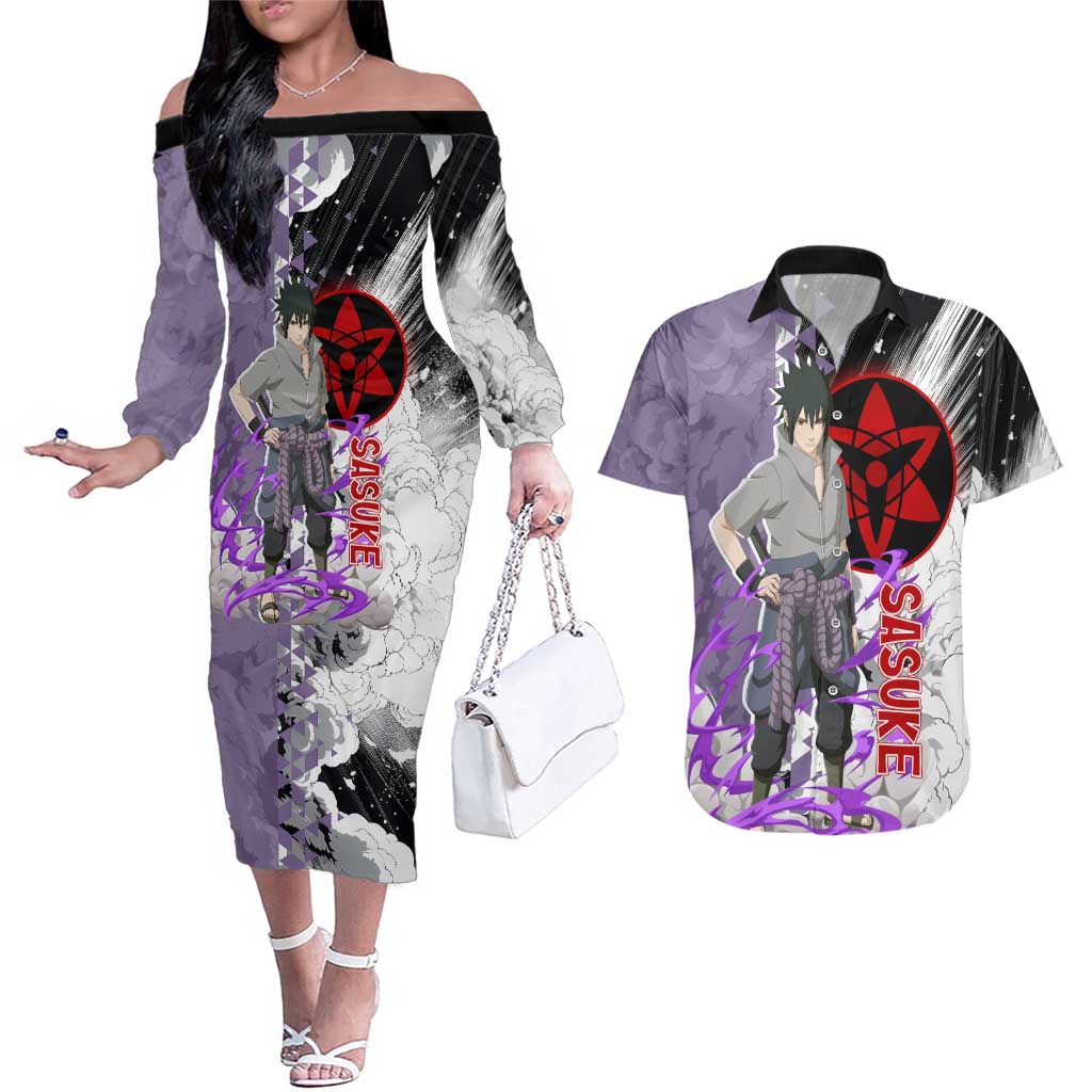 Uchiha Sasuke - Naruto Couples Matching Off The Shoulder Long Sleeve Dress and Hawaiian Shirt Anime Style