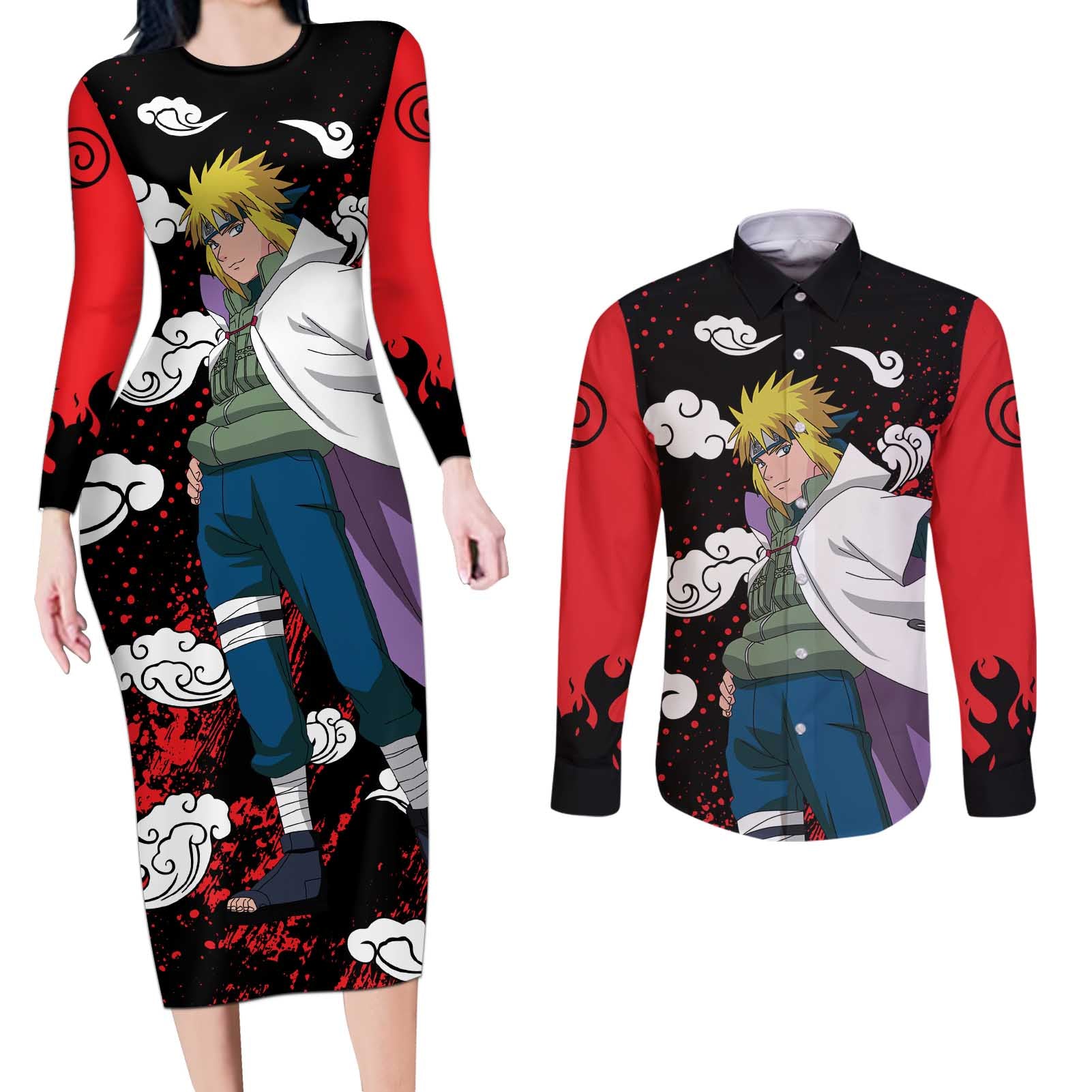 Minato Namikaze - Naruto Couples Matching Long Sleeve Bodycon Dress and Long Sleeve Button Shirt Anime Style