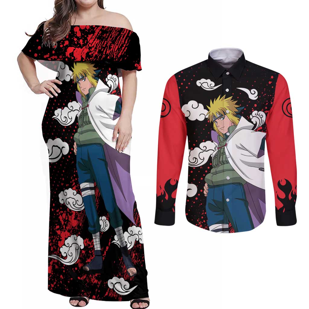 Minato Namikaze - Naruto Couples Matching Off Shoulder Maxi Dress and Long Sleeve Button Shirt Anime Style