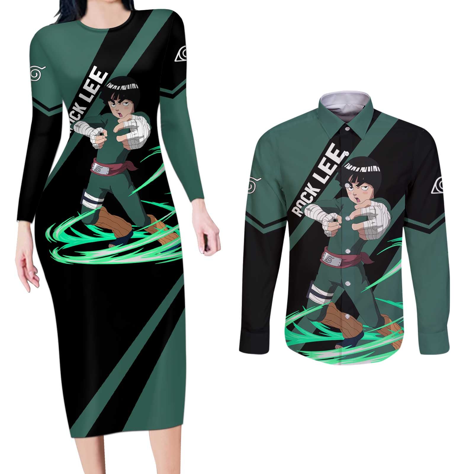 Rock Lee - Naruto Couples Matching Long Sleeve Bodycon Dress and Long Sleeve Button Shirt Anime Style