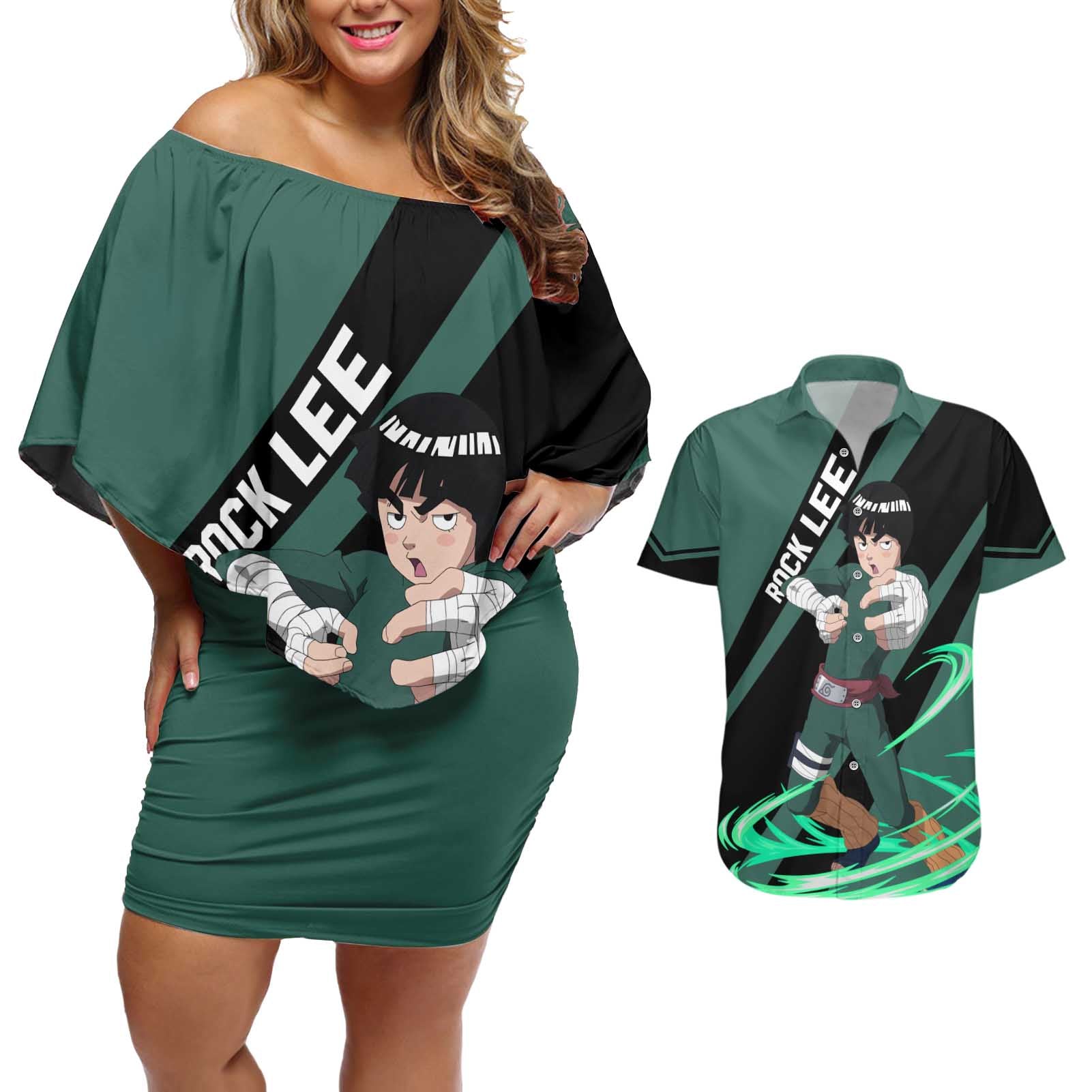 Rock Lee - Naruto Couples Matching Off Shoulder Short Dress and Hawaiian Shirt Anime Style