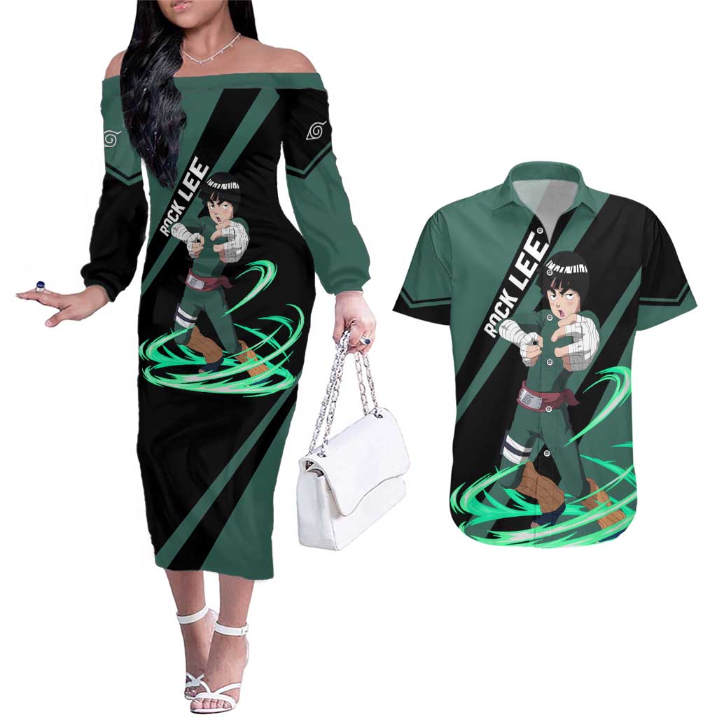 Rock Lee - Naruto Couples Matching Off The Shoulder Long Sleeve Dress and Hawaiian Shirt Anime Style