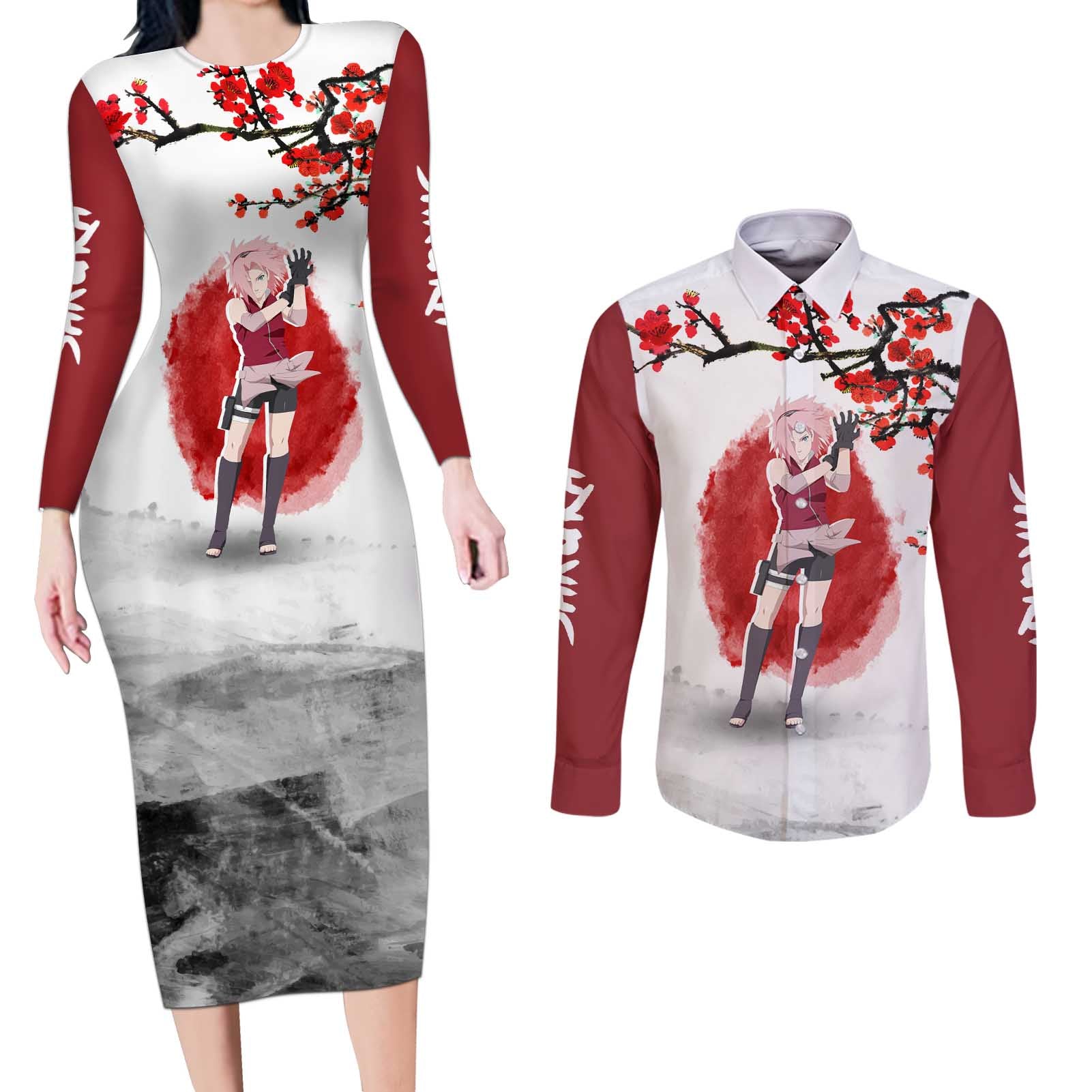 Sakura Haruno - Dragon Ball Couples Matching Long Sleeve Bodycon Dress and Long Sleeve Button Shirt Anime Style