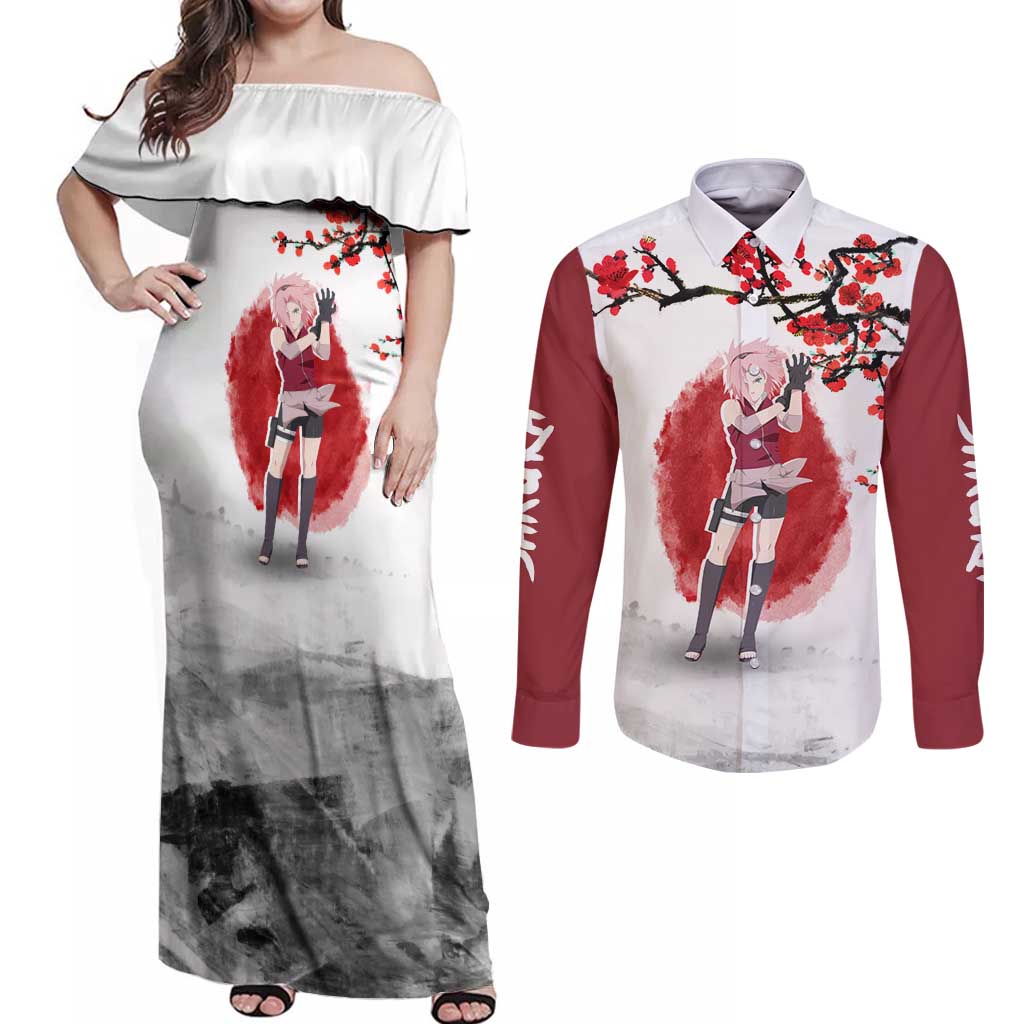 Sakura Haruno - Dragon Ball Couples Matching Off Shoulder Maxi Dress and Long Sleeve Button Shirt Anime Style