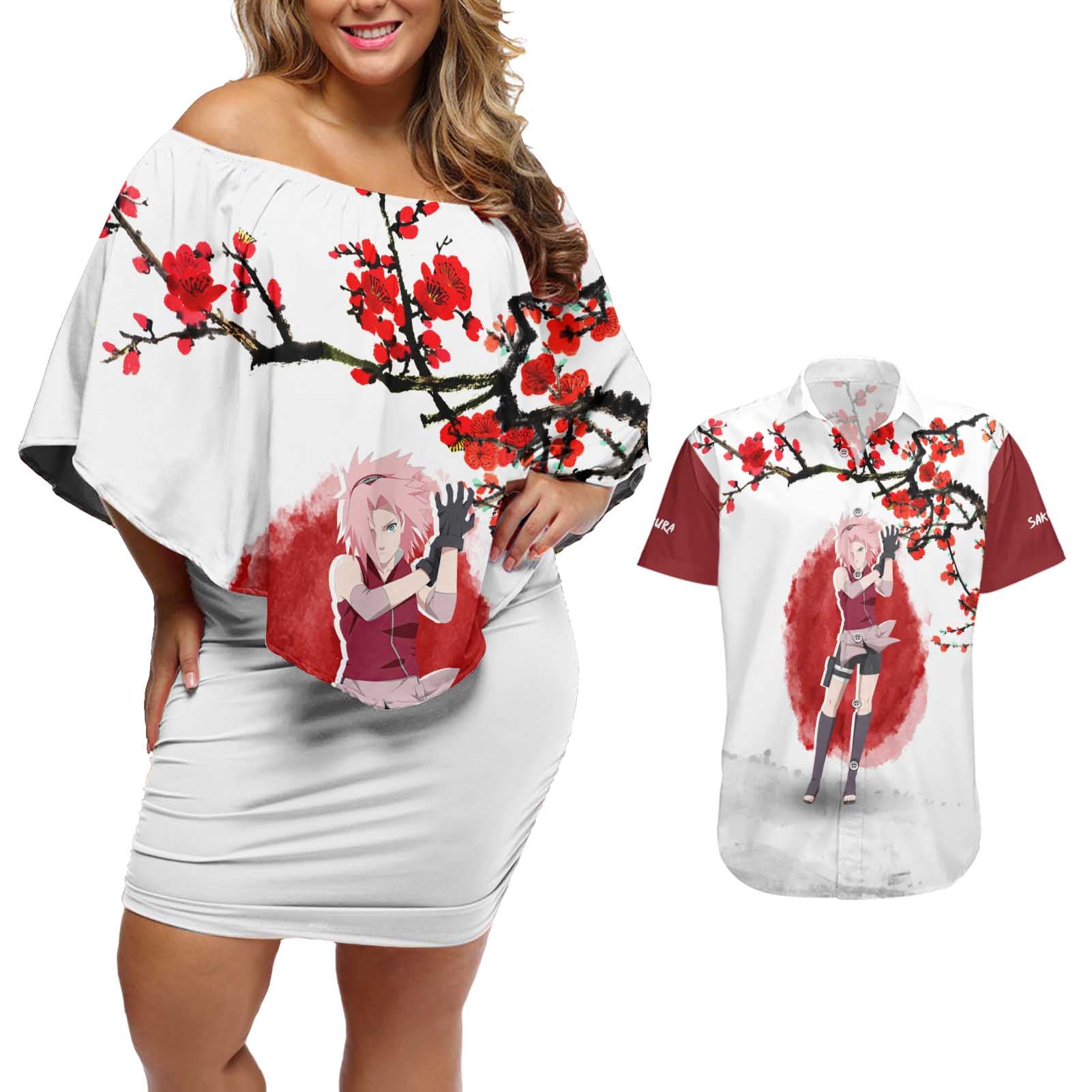 Sakura Haruno - Dragon Ball Couples Matching Off Shoulder Short Dress and Hawaiian Shirt Anime Style