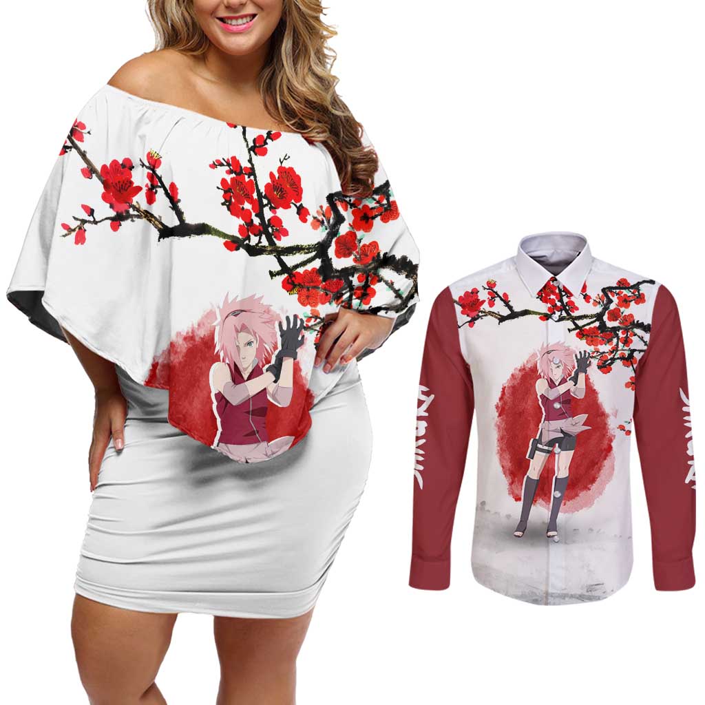 Sakura Haruno - Dragon Ball Couples Matching Off Shoulder Short Dress and Long Sleeve Button Shirt Anime Style