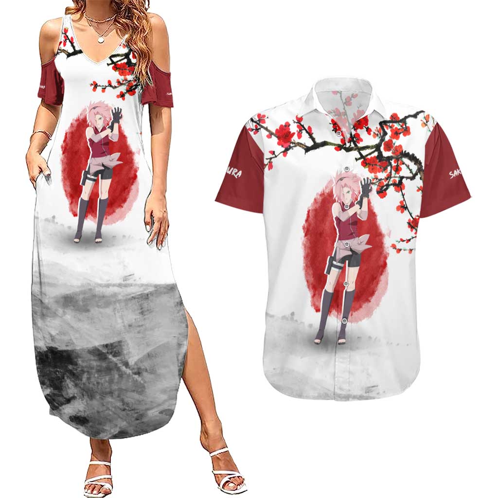 Sakura Haruno - Dragon Ball Couples Matching Summer Maxi Dress and Hawaiian Shirt Anime Style