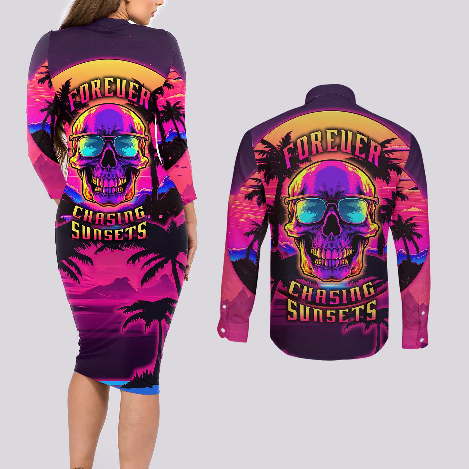 foreuer-chasing-sunsets-skull-couples-matching-long-sleeve-bodycon-dress-and-long-sleeve-button-shirts