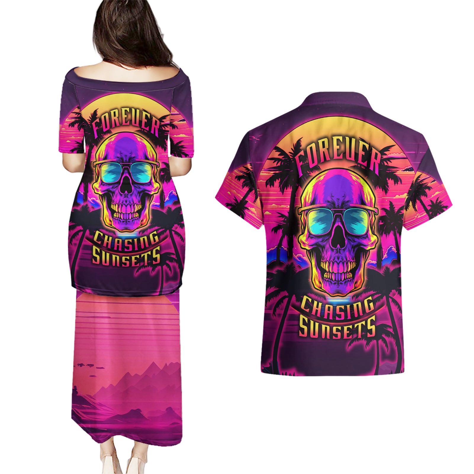 foreuer-chasing-sunsets-skull-couples-matching-puletasi-dress-and-hawaiian-shirt