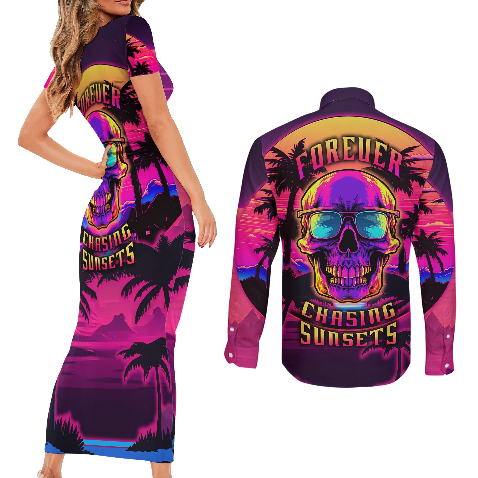 foreuer-chasing-sunsets-skull-couples-matching-short-sleeve-bodycon-dress-and-long-sleeve-button-shirts