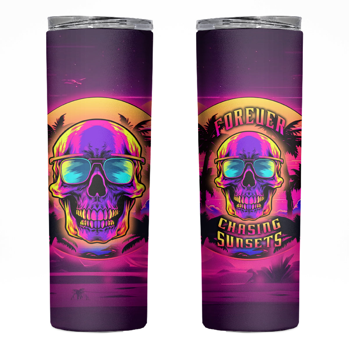 Foreuer Chasing Sunsets Skull Skinny Tumbler