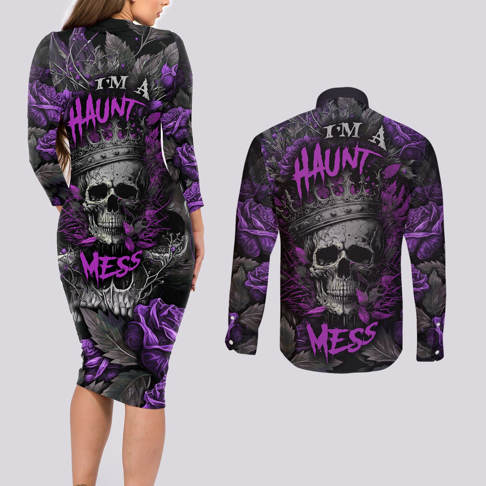 i-am-a-haunt-mess-couples-matching-long-sleeve-bodycon-dress-and-long-sleeve-button-shirts