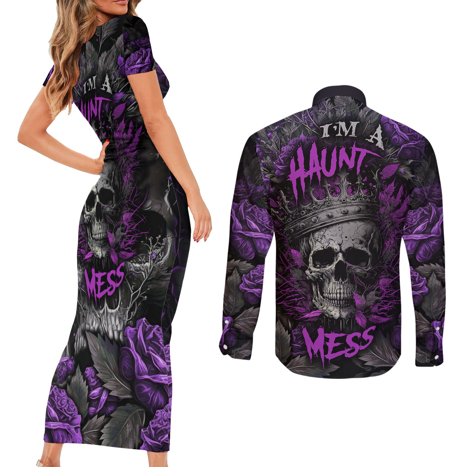 i-am-a-haunt-mess-couples-matching-short-sleeve-bodycon-dress-and-long-sleeve-button-shirts