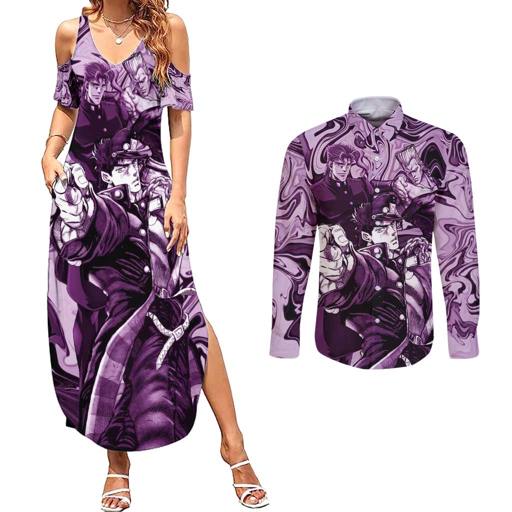 Lucid Stardust Crusaders Jojo’s Bizarre Adventure Couples Matching Summer Maxi Dress and Long Sleeve Button Shirt Anime Mix With Mable Style