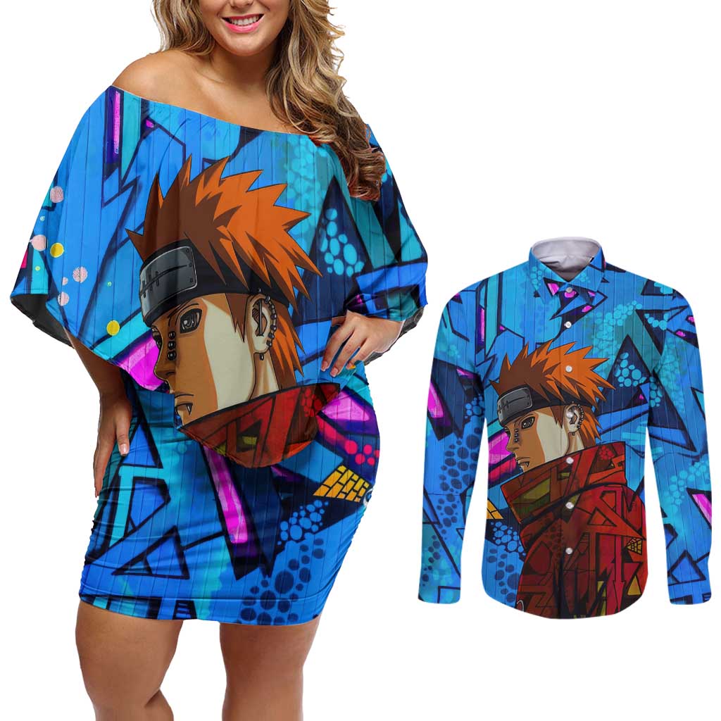 Naruto Akatsuki Urban Grafitti Pain Couples Matching Off Shoulder Short Dress and Long Sleeve Button Shirt Anime  Mix Abstract Style