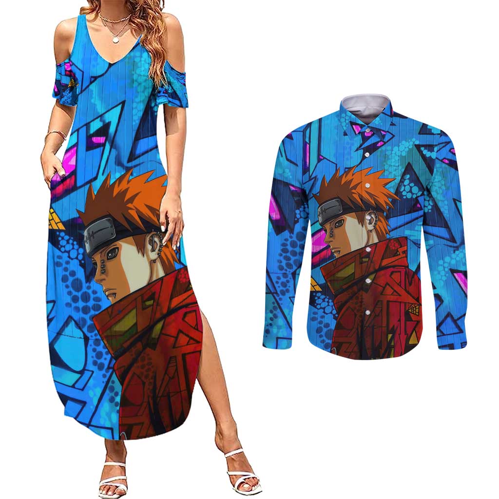 Naruto Akatsuki Urban Grafitti Pain Couples Matching Summer Maxi Dress and Long Sleeve Button Shirt Anime  Mix Abstract Style