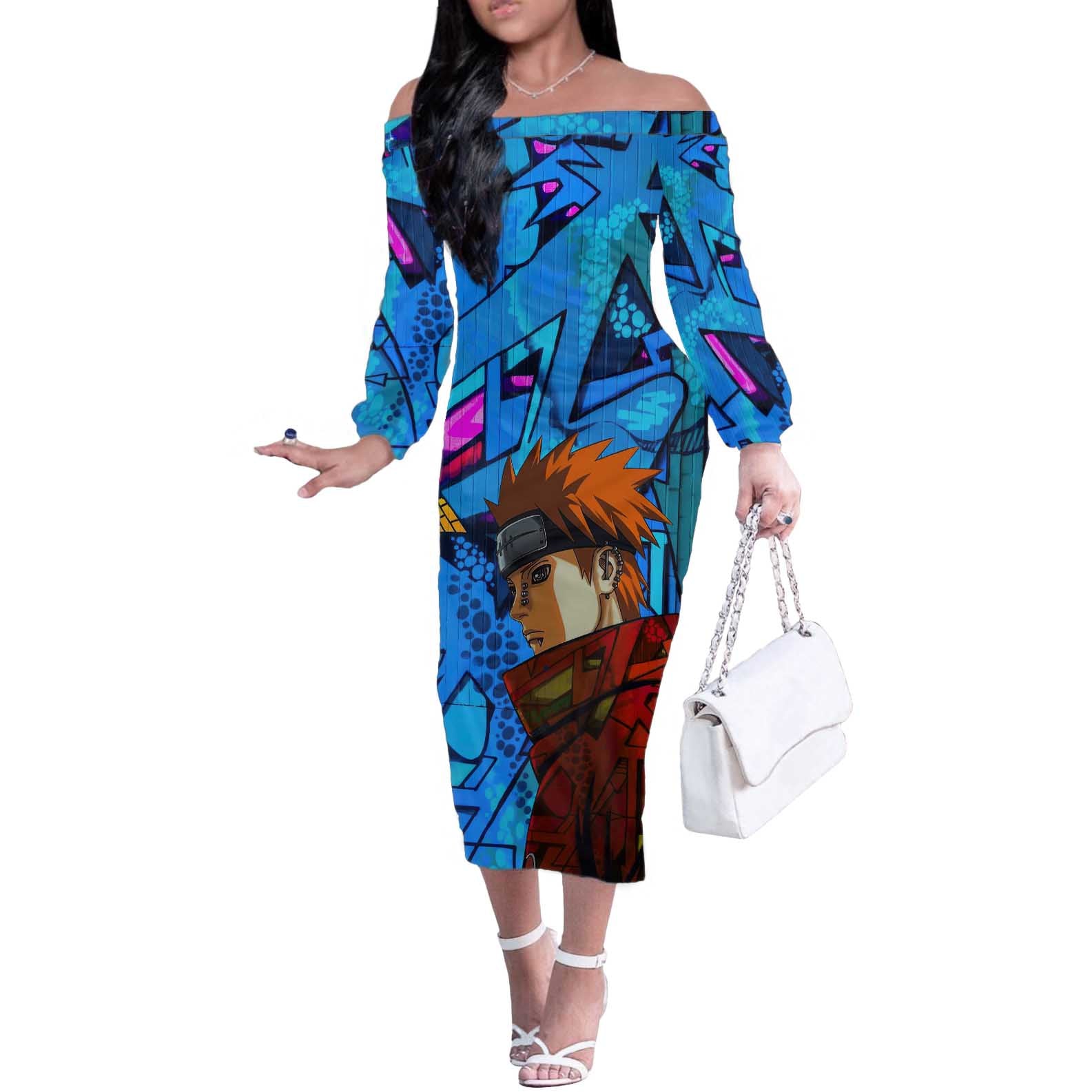 Naruto Akatsuki Urban Grafitti Pain Off The Shoulder Long Sleeve Dress Anime  Mix Abstract Style