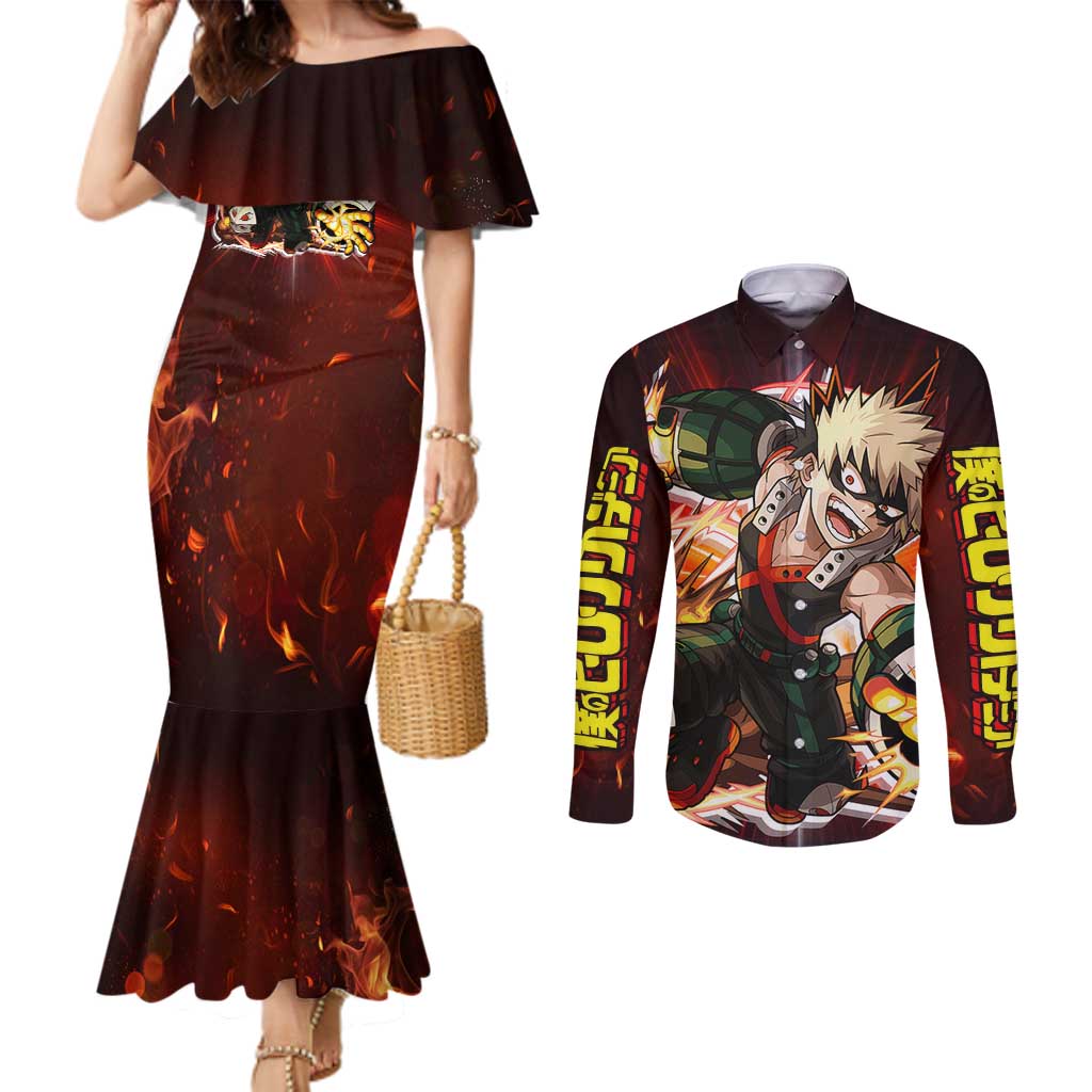 Blazing Bakugo My Hero Academia Couples Matching Mermaid Dress and Long Sleeve Button Shirt Anime Style