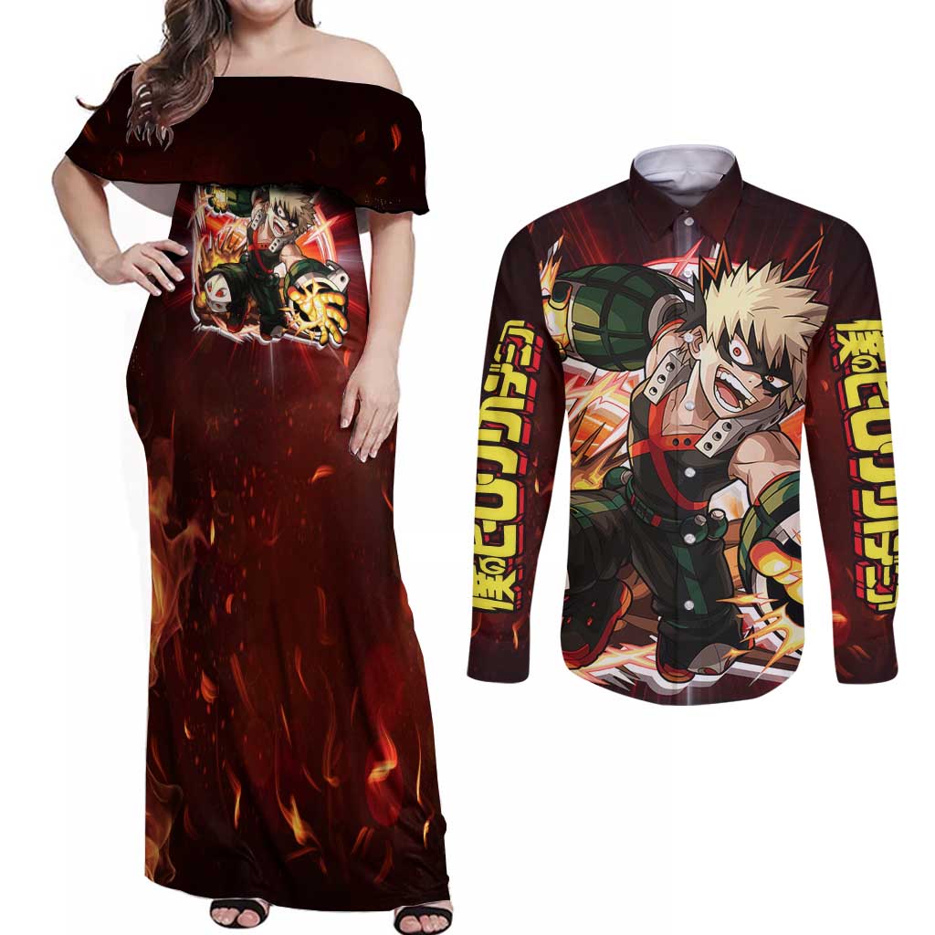 Blazing Bakugo My Hero Academia Couples Matching Off Shoulder Maxi Dress and Long Sleeve Button Shirt Anime Style