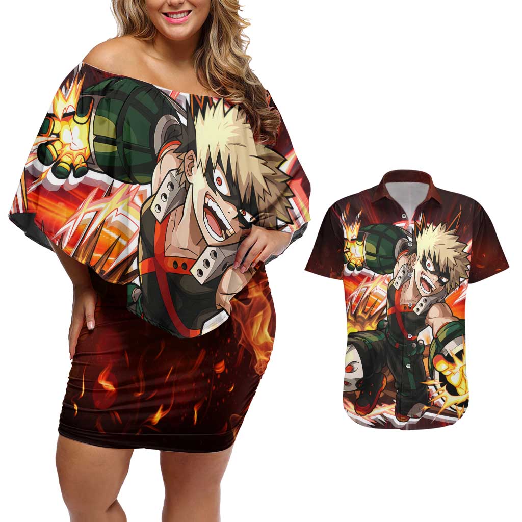 Blazing Bakugo My Hero Academia Couples Matching Off Shoulder Short Dress and Hawaiian Shirt Anime Style