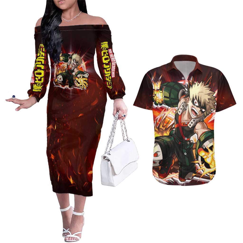 Blazing Bakugo My Hero Academia Couples Matching Off The Shoulder Long Sleeve Dress and Hawaiian Shirt Anime Style