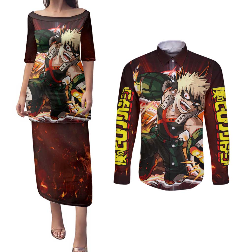 Blazing Bakugo My Hero Academia Couples Matching Puletasi and Long Sleeve Button Shirt Anime Style