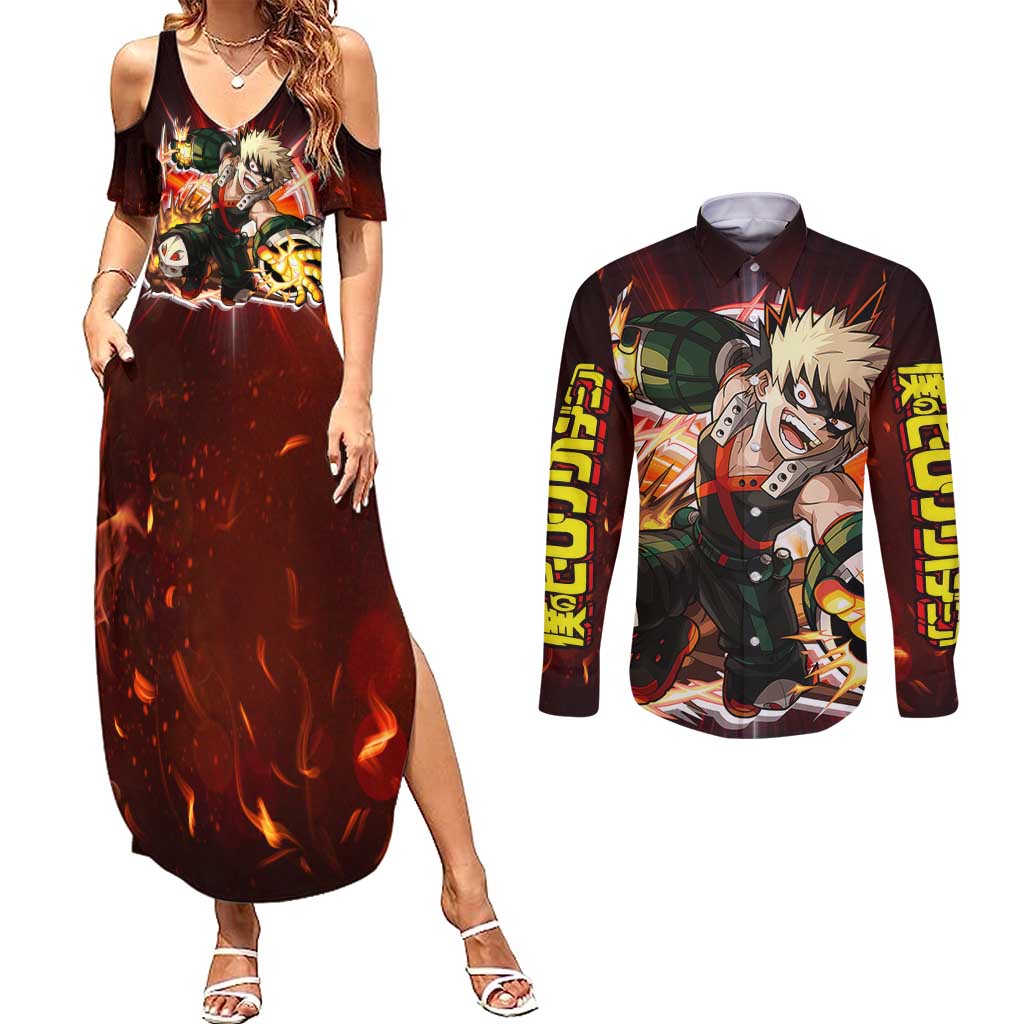 Blazing Bakugo My Hero Academia Couples Matching Summer Maxi Dress and Long Sleeve Button Shirt Anime Style