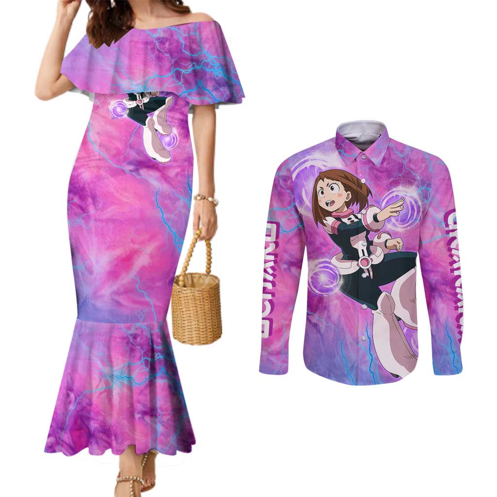 Trippy Uraraka Ochako My Hero Academia Couples Matching Mermaid Dress and Long Sleeve Button Shirt Anime Mix Tie Dye Style