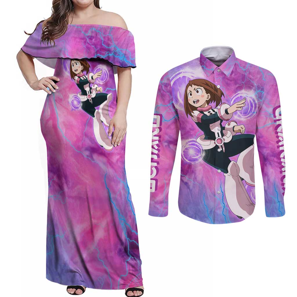 Trippy Uraraka Ochako My Hero Academia Couples Matching Off Shoulder Maxi Dress and Long Sleeve Button Shirt Anime Mix Tie Dye Style