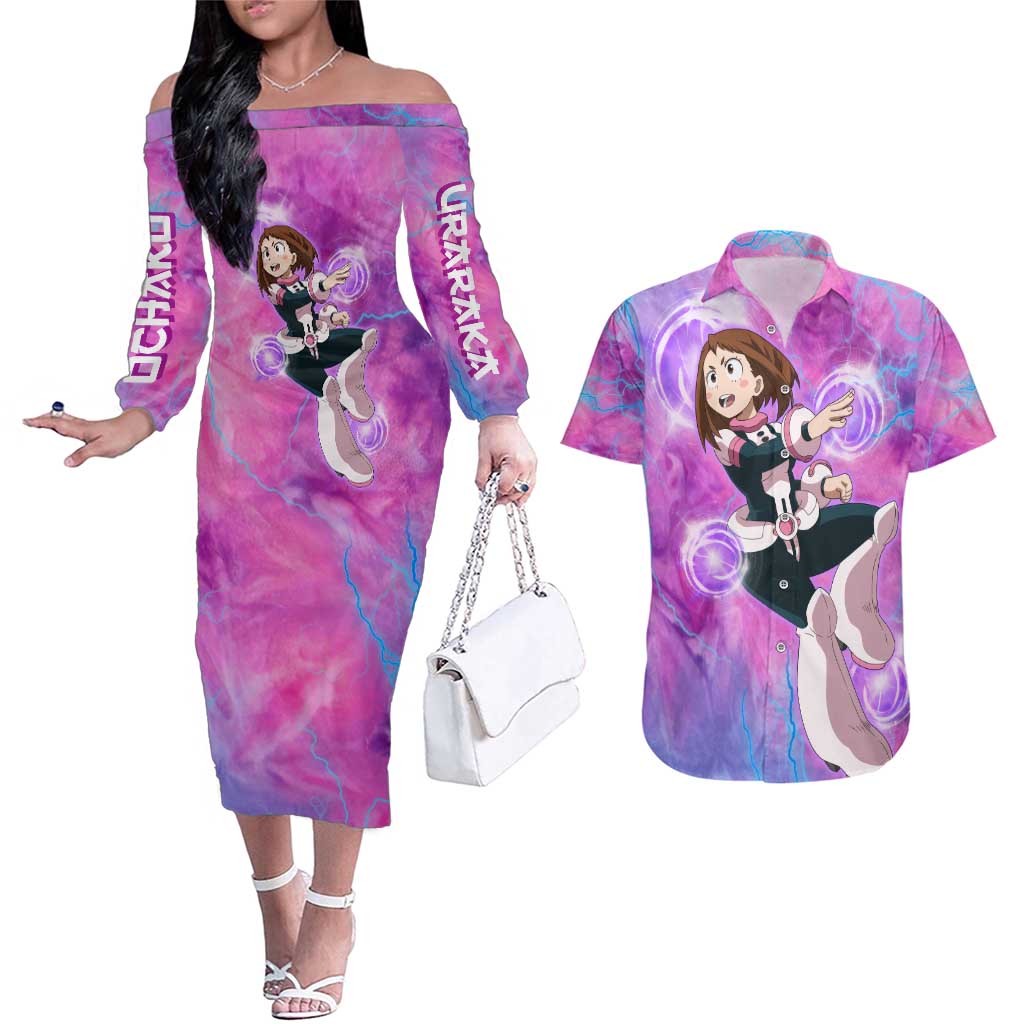 Trippy Uraraka Ochako My Hero Academia Couples Matching Off The Shoulder Long Sleeve Dress and Hawaiian Shirt Anime Mix Tie Dye Style