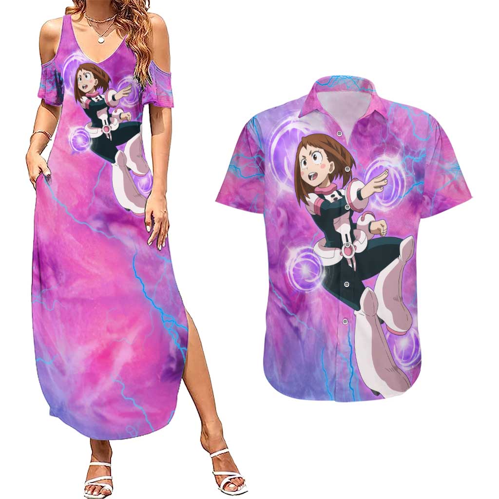 Trippy Uraraka Ochako My Hero Academia Couples Matching Summer Maxi Dress and Hawaiian Shirt Anime Mix Tie Dye Style