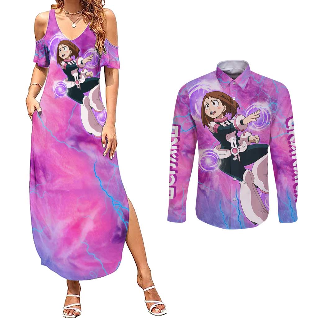 Trippy Uraraka Ochako My Hero Academia Couples Matching Summer Maxi Dress and Long Sleeve Button Shirt Anime Mix Tie Dye Style