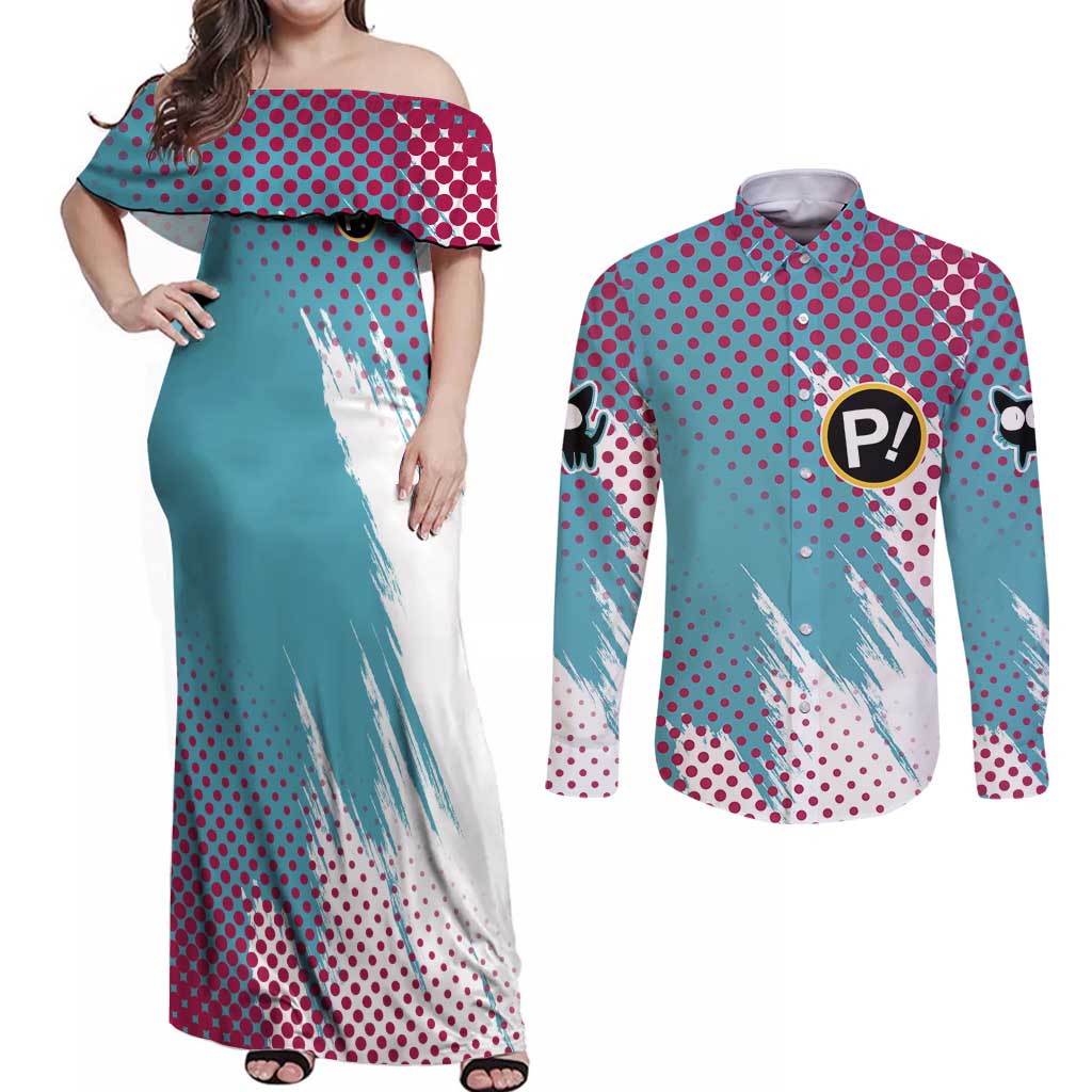 Neon FLCL Couples Matching Off Shoulder Maxi Dress and Long Sleeve Button Shirt Anime Style