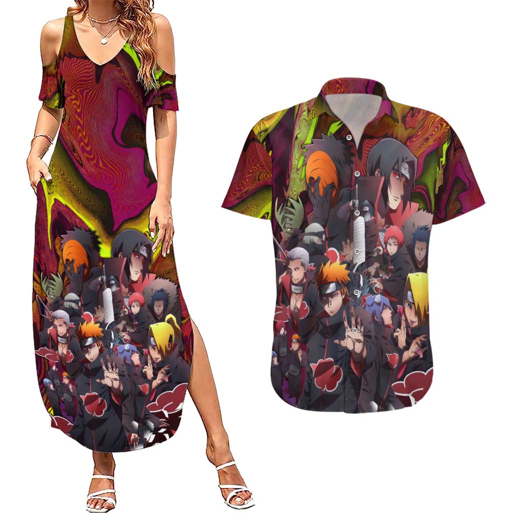 Naruto Neon Bond Akatsuki Couples Matching Summer Maxi Dress and Hawaiian Shirt Anime Mix Trippy Style