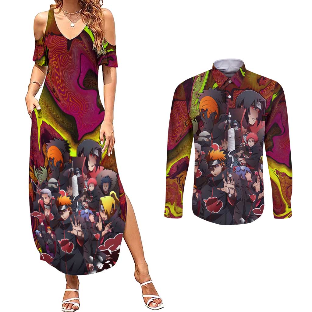 Naruto Neon Bond Akatsuki Couples Matching Summer Maxi Dress and Long Sleeve Button Shirt Anime Mix Trippy Style