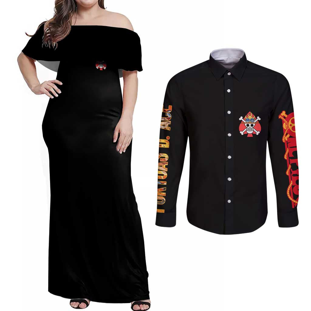 Portgas D. Ace V2 One Piece Couples Matching Off Shoulder Maxi Dress and Long Sleeve Button Shirt Anime Style