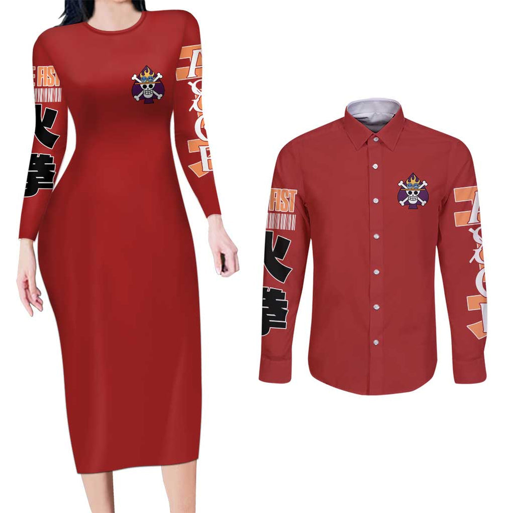 Fire Fist - Portgas D. Ace One Piece Couples Matching Long Sleeve Bodycon Dress and Long Sleeve Button Shirt Anime Style