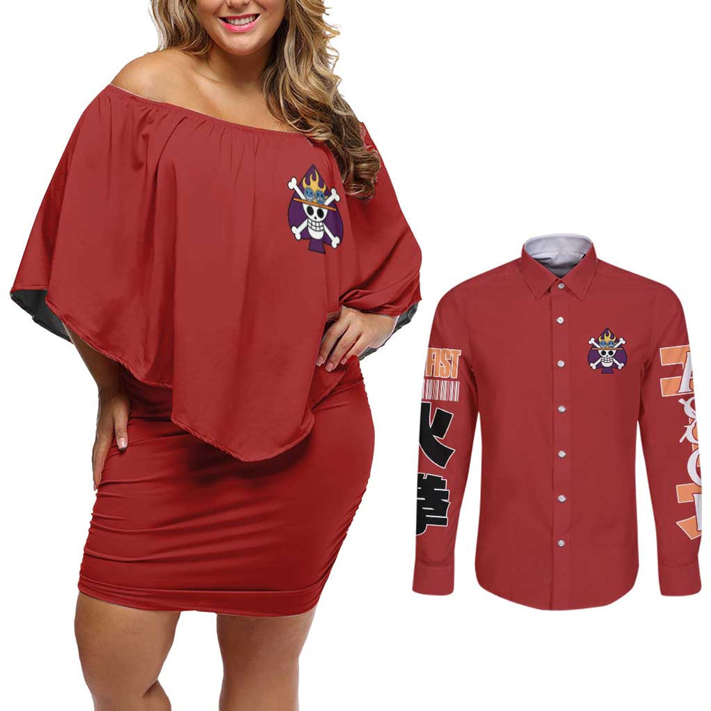 Fire Fist - Portgas D. Ace One Piece Couples Matching Off Shoulder Short Dress and Long Sleeve Button Shirt Anime Style