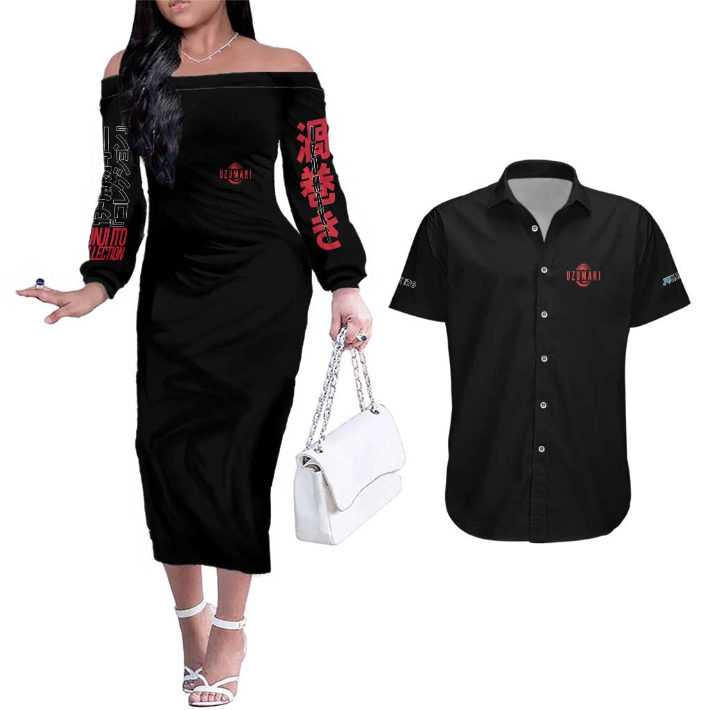 Uzumaki Junji Ito Collection Couples Matching Off The Shoulder Long Sleeve Dress and Hawaiian Shirt Anime Style