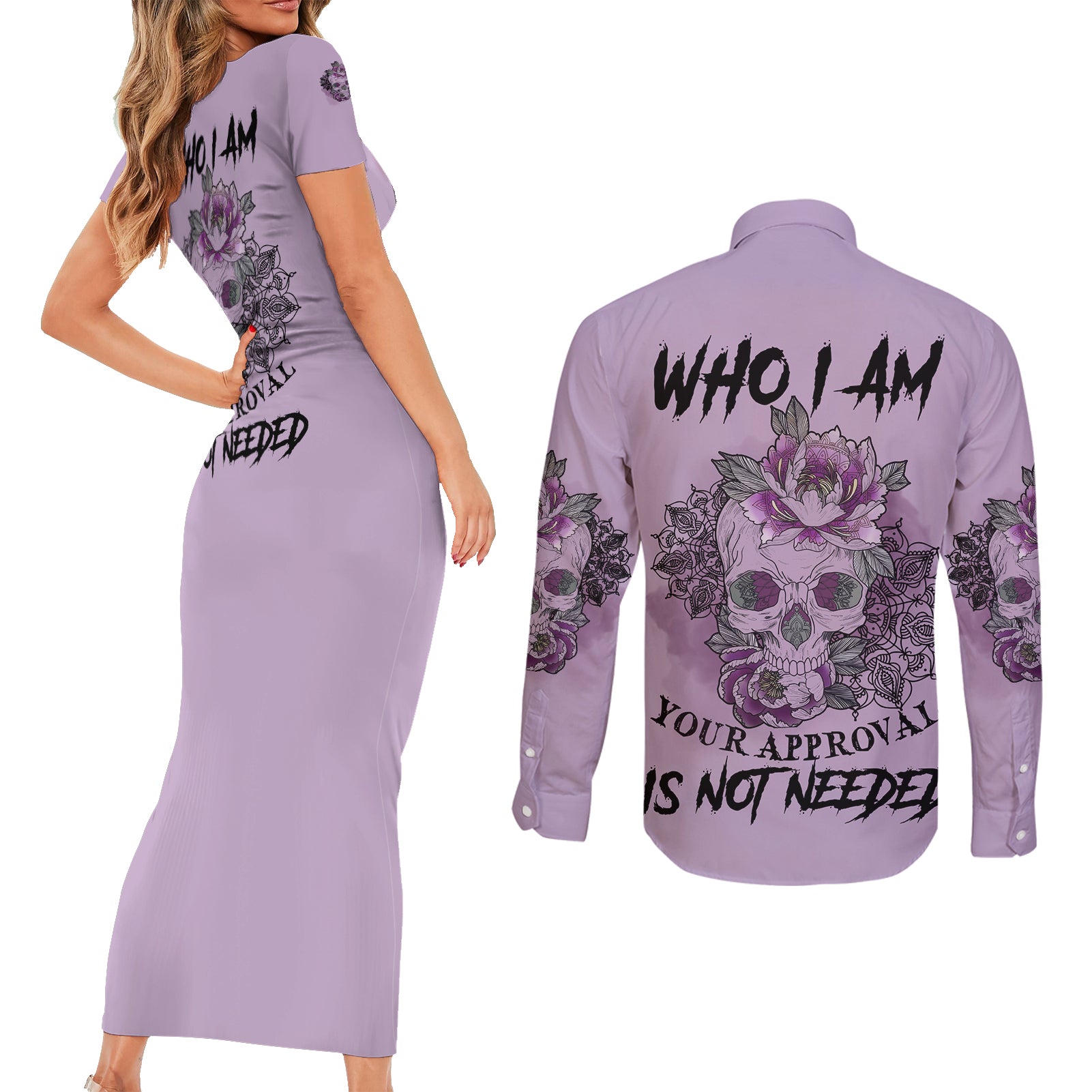 i-am-who-i-am-skull-couples-matching-short-sleeve-bodycon-dress-and-long-sleeve-button-shirt